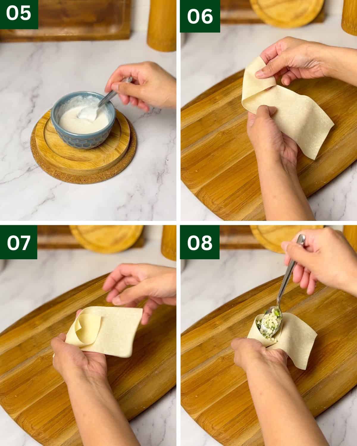 first set of steps for folding chicken samosas