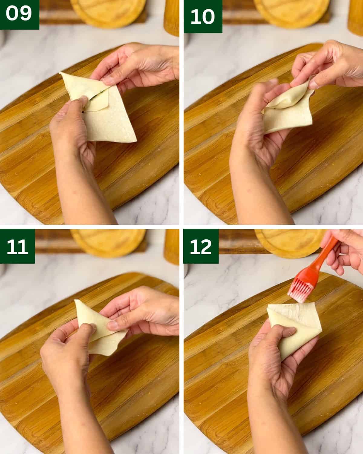 second set of steps for folding chicken samosas