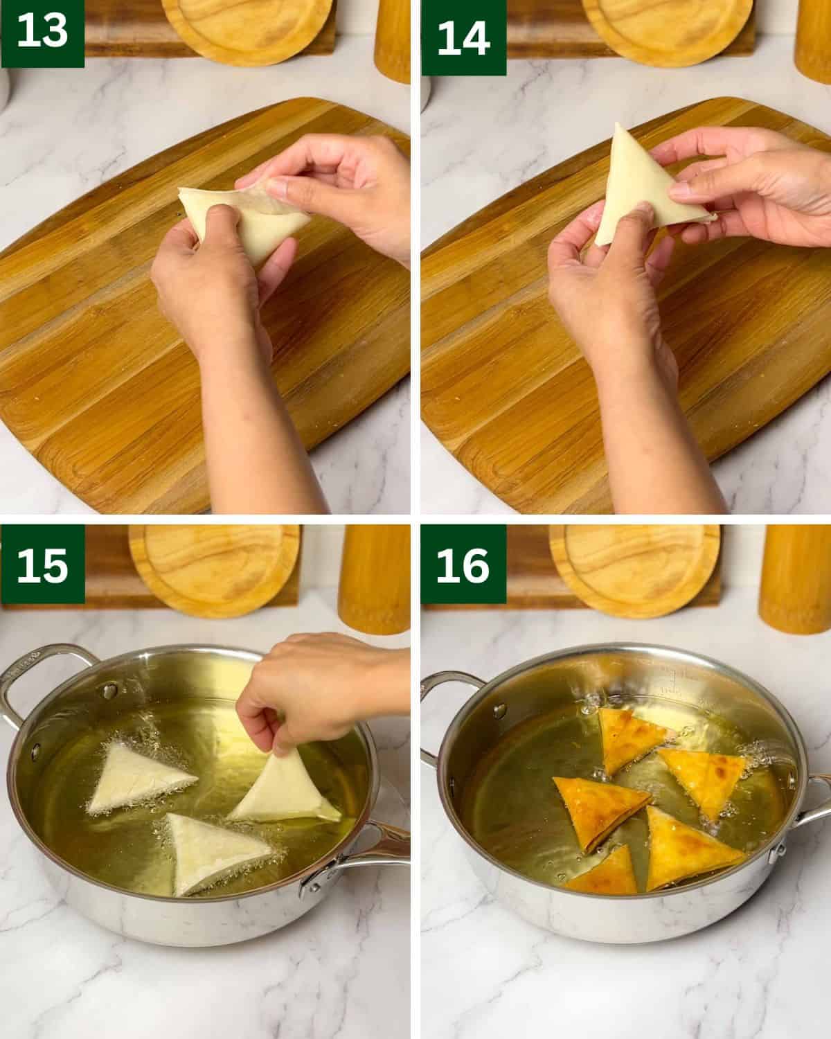 folding and deep frying chicken samosas