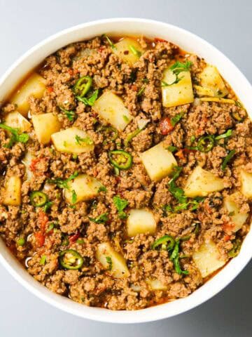 cooked aloo keema in a bowl