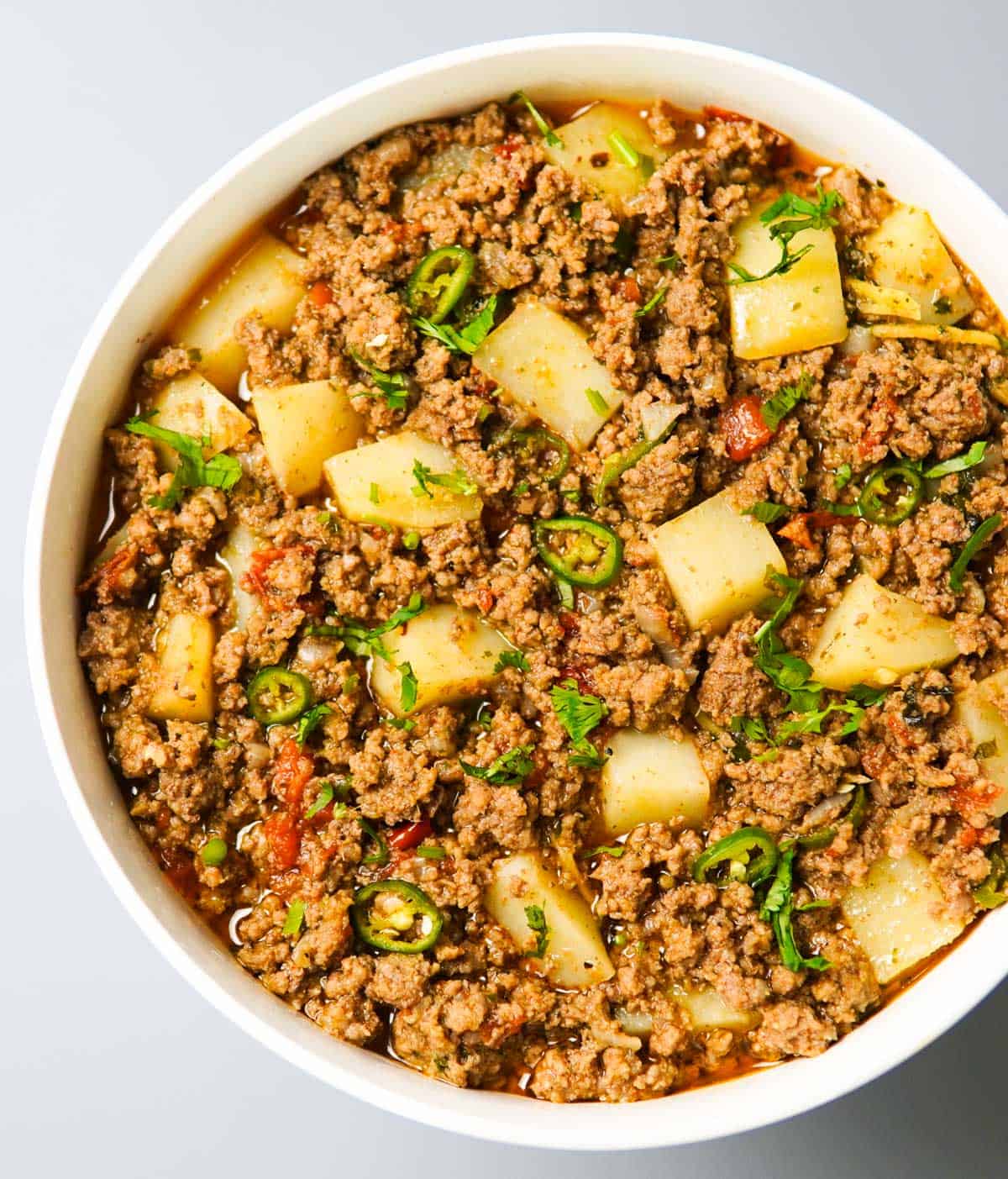 aloo keema served in a bowl
