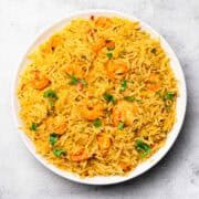 Jhinga pulao (aka prawn pulao) served on a plate