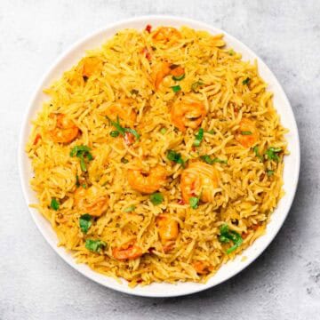Jhinga pulao (aka prawn pulao) served on a plate