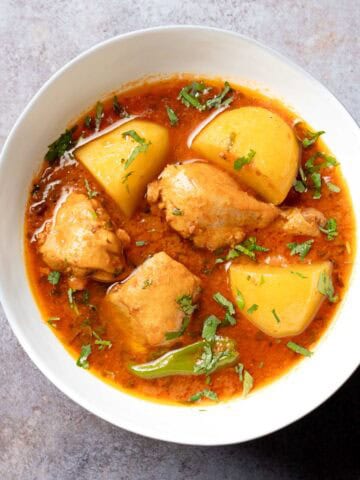 chicken aloo salan served in a deep bowl